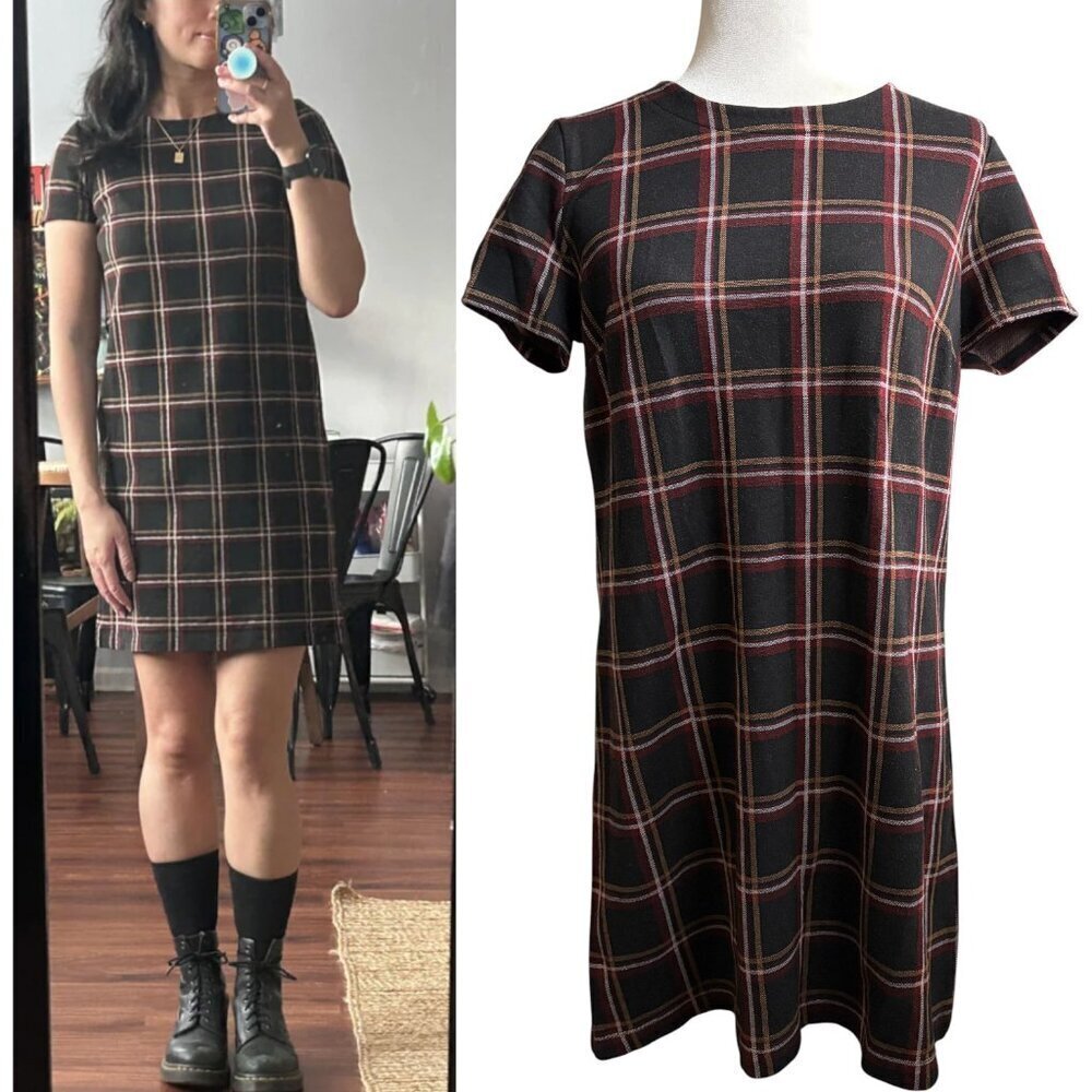 Loft Outlet Plaid Shift Mini Dress Medium (Black, Maroon, Tan, White) Fall